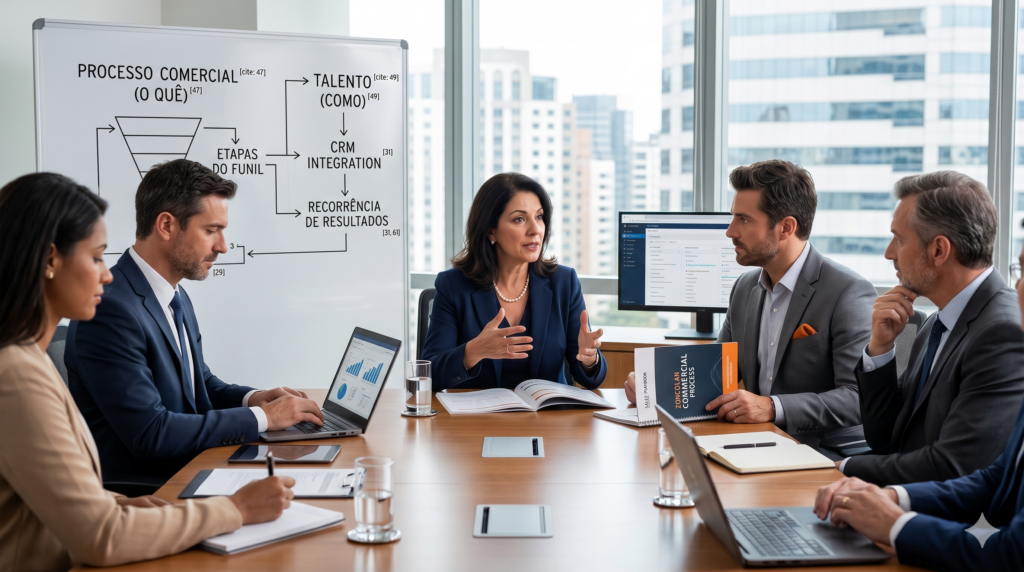 Uma imagem ilustrando o conceito de 'talento como o passo' e 'processo como a estrada' no mundo corporativo, baseada na metodologia CliftonStrengths. A foto mostra uma equipe de vendas em uma reunião de diretoria com um líder da Zoncolan e um whiteboard que diz 'PROCESSO (O QUÊ)' e 'TALENTO (COMO)', focando no desempenho autêntico e na recorrência de resultados.